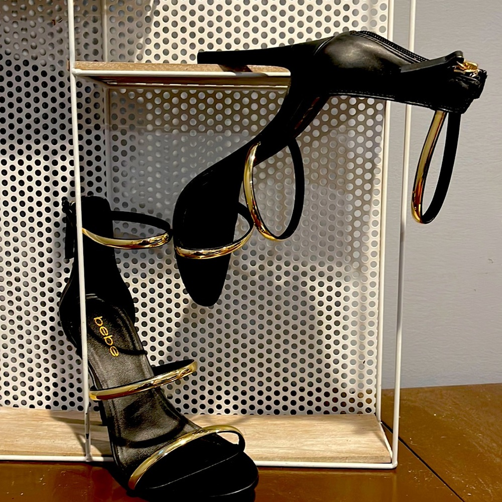 Bebe- Cross strap black & gold heels.